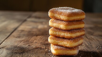Delicious stack of sugar-coated beignets piled high on a plate ready to delight with their sweet, fluffy texture