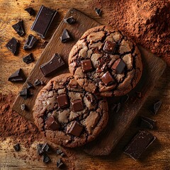 Freshly baked double chocolate cookies loaded with chocolate chunks displayed on a plate for the ultimate sweet indulgence
