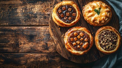 A variety of delicious danish pastries arranged on a rustic wooden board ready to satisfy any sweet craving