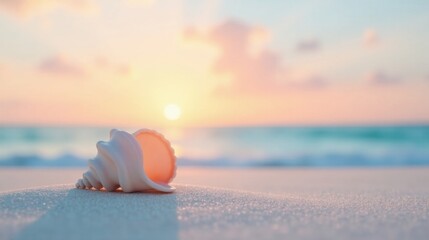 Obraz premium Seashell Serenity A Coastal Sunset Scene of Tranquil Beauty on a Sandy Shore
