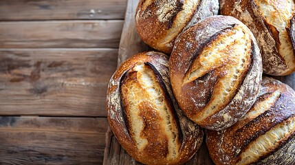 A beautiful display of various fresh breads on a wooden table showcasing artisan baking and rustic charm