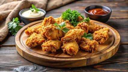 Fototapeta premium Crunchy chicken pieces on a wooden platter , appetizer, meal