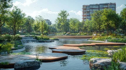 Fototapeta premium Tranquil urban park with pond, stepping stones, and lush greenery.