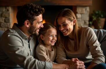 Joyful family interaction by the fireplace on a cozy evening