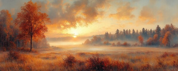 Fototapeta premium Autumn Misty Landscape in Finland with Sunrise Over Rural Fields and Forest