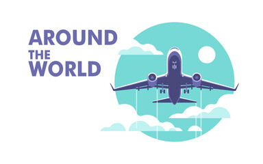 Airplane gaining altitude between clouds. Travel and vacation time. Vector illustration in a minimalistic style.