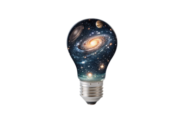 A breathtaking galaxy encapsulated inside a glowing bulb, symbolizing enlightenment, universal mystery, and the infinite power of creativity, isolated on a transparent background