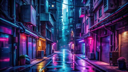 High-contrast cityscape with neon lights and dark alleys, city streets, urban drama,  city streets