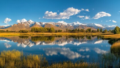 Fototapeta premium Stunning mountain landscape with lake reflection and snow capped peaks under a sunny sky