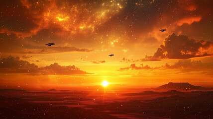 Obraz premium A vast desert landscape bathed in fiery orange light from a setting sun, with distant futuristic spacecraft flying in the sky. A glowing nebula above creates an astrological (1)