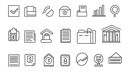 Collection of thin outlined symbols representing business and finance concepts