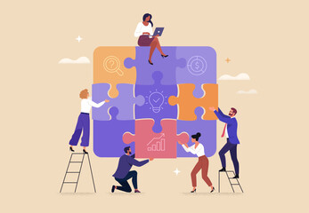 Business Teamwork concept. Contemporary flat style abstract vector illustration of a company of diverse people putting together a huge puzzle details. Isolated on background