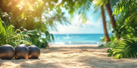 Beautiful beach setting for a game of boules with palm trees and sparkling ocean in the background during daylight