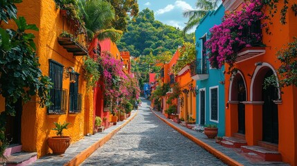 Fototapeta premium Colorful street in a tropical town.
