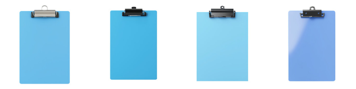 Empty blue clipboard with blank paper or form ready to be used for writing a note message information contract application or other office document on a desk or workspace