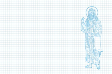 Jeremiah weeping prophet. Illustration sketch in Byzantine style on school sheet notebook paper pattern