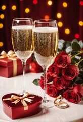 Champagne glasses with roses and a heart-shaped box for a romantic celebration
