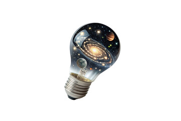 A glowing spiral galaxy swirls within a transparent lightbulb, merging cosmic vastness with human ingenuity in a surreal vision of limitless imagination, isolated on a transparent background
