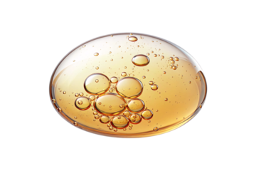 A large golden sphere filled with tiny shimmering bubbles showcases a viscous texture, exuding warmth, luxury, and fluidity in a high-resolution macro composition, isolated on a transparent background