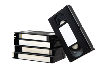 Stack of vintage VHS tapes, black with white labels, retro video storage, isolated on white back