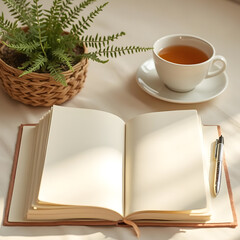 A wellness journal open to a blank page, accompanied by a pen, a small potted plant, and a cup of tea
