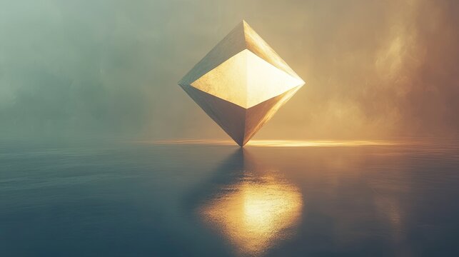 A glowing geometric shape floating above a neutral background. picture