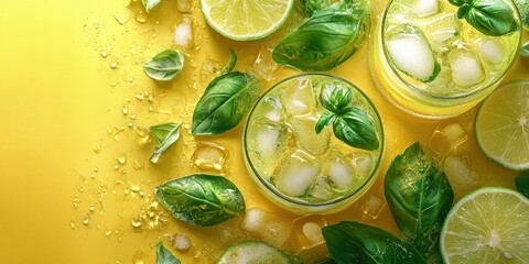 Refreshing lime and basil beverages with ice on a vibrant yellow background, perfect for summer gatherings and celebrations
