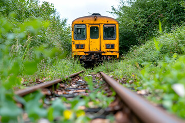 Abandoned yellow train car in overgrown tracks
