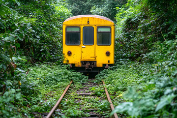 Abandoned yellow train car in overgrown jungle railway