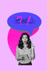 Vertical art trend collage of astonished girl hold pencil notepad idea finding bubble communication icon dialogue speech