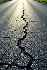 Obraz premium A long, deep fissure splits the asphalt, a stark contrast against the sunlit road ahead