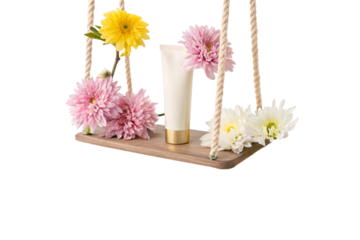 A sleek white tube with a golden cap sits on a wooden swing adorned with vibrant pink, white, and yellow flowers, creating a soft, elegant aesthetic, isolated on a transparent background