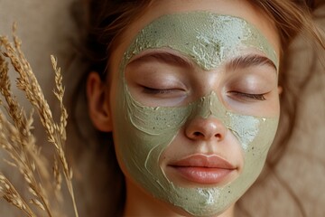 Fototapeta premium a woman with closed eyes has a facial mask on.