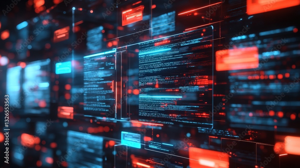 Poster a vibrant digital interface displaying lines of code and colorful data streams in blue and red hues.