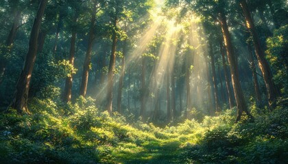 Obraz premium Forest Daylight Landscape Scene Anime Background Illustration Lush Greenery Sunlight Trees Nature