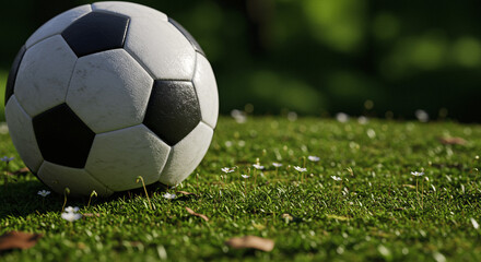 Fototapeta premium Ball games in the spring forest, Soccer ball resting on lush green grass with flowers