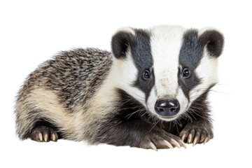 Badger resting on white background in natural pose
