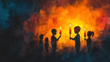 Watercolor painting of people holding candles in a vigil, honoring lives lost on Patriot Day with soft glowing background