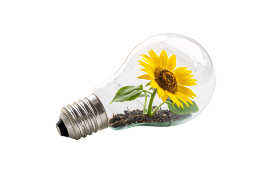A sunflower blooms inside a tilted glass bulb filled with soil, symbolizing resilience, sustainability, and the merging of organic life, isolated on a transparent background