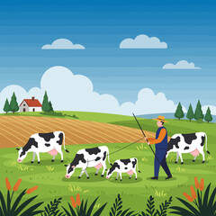 Fototapeta premium Farmer Herding Cows on Green Pasture in Rural Countryside Illustration