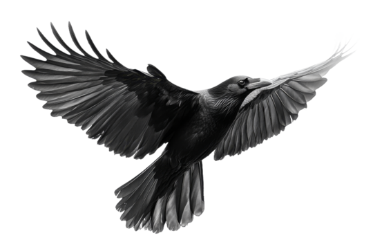 Black bird in mid flight with wings fully extended