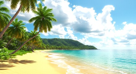 Obraz premium Tropical Paradise Beach with Palm Trees, Golden Sand, and Turquoise Ocean – High-Resolution 6000px