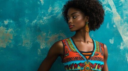 Fototapeta premium Portrait of a Young Woman in Colorful Ethnic Attire with Natural Hair Against a Vibrant Turquoise Background