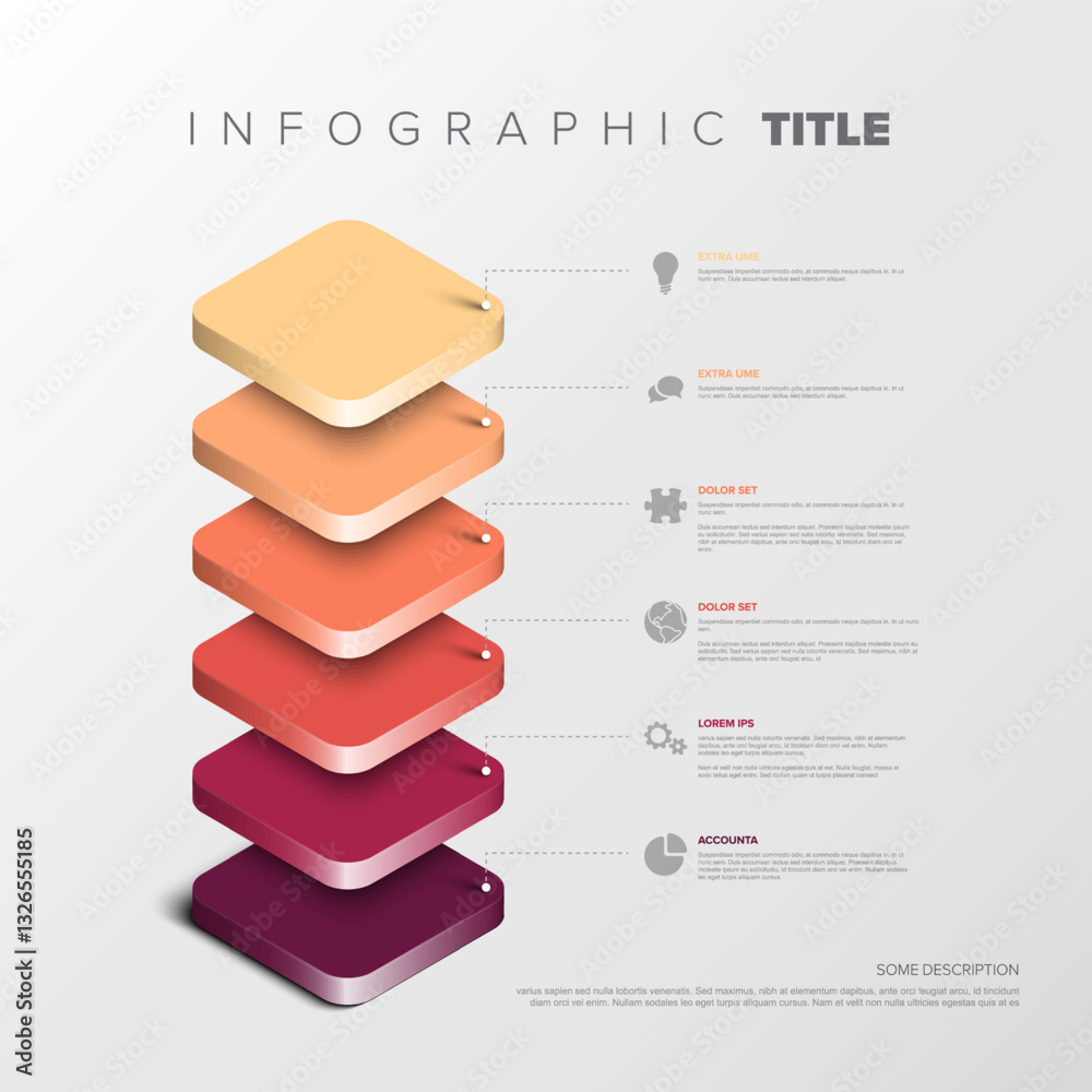 Poster a visually appealing 3d layered infographic with six gradient blocks connected to text descriptions.