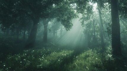 Morning sunlight streaming through dense forest fog background