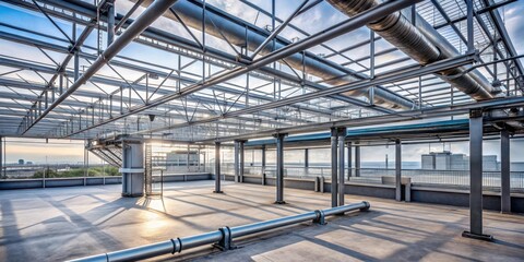 Industrial rooftop with metal beams and pipes exposed, steel, concrete