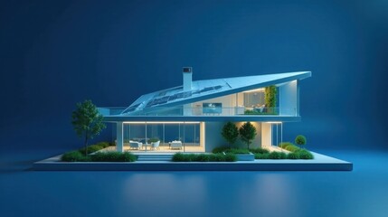 Fototapeta premium Modern Eco-Friendly Residence Illuminated at Nighttime Featuring Solar Panels and Lush Landscaping on a Minimalist Base