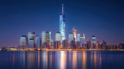 Obraz premium Stunning Night Cityscape of Manhattan Skyline with Hudson River Reflection