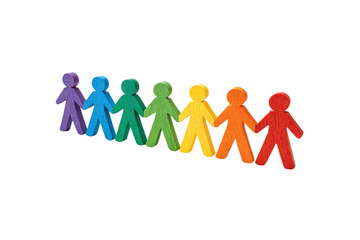 Wooden human figure chain in vibrant rainbow hues signifies connection, teamwork, and diversity in a playful, artistic representation, isolated on a transparent background