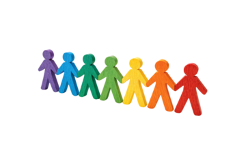Wooden human figure chain in vibrant rainbow hues signifies connection, teamwork, and diversity in a playful, artistic representation, isolated on a transparent background